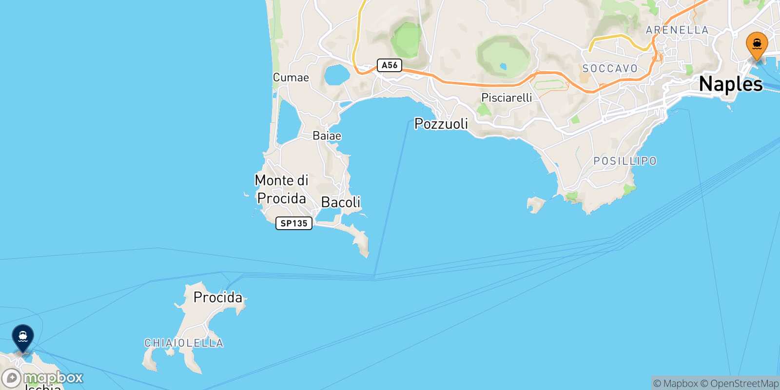 Mapa de la ruta Nápoles Beverello Forio (Ischia)