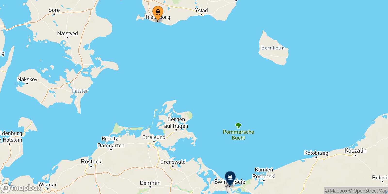 Mapa de los puertos conectados con  Swinoujscie