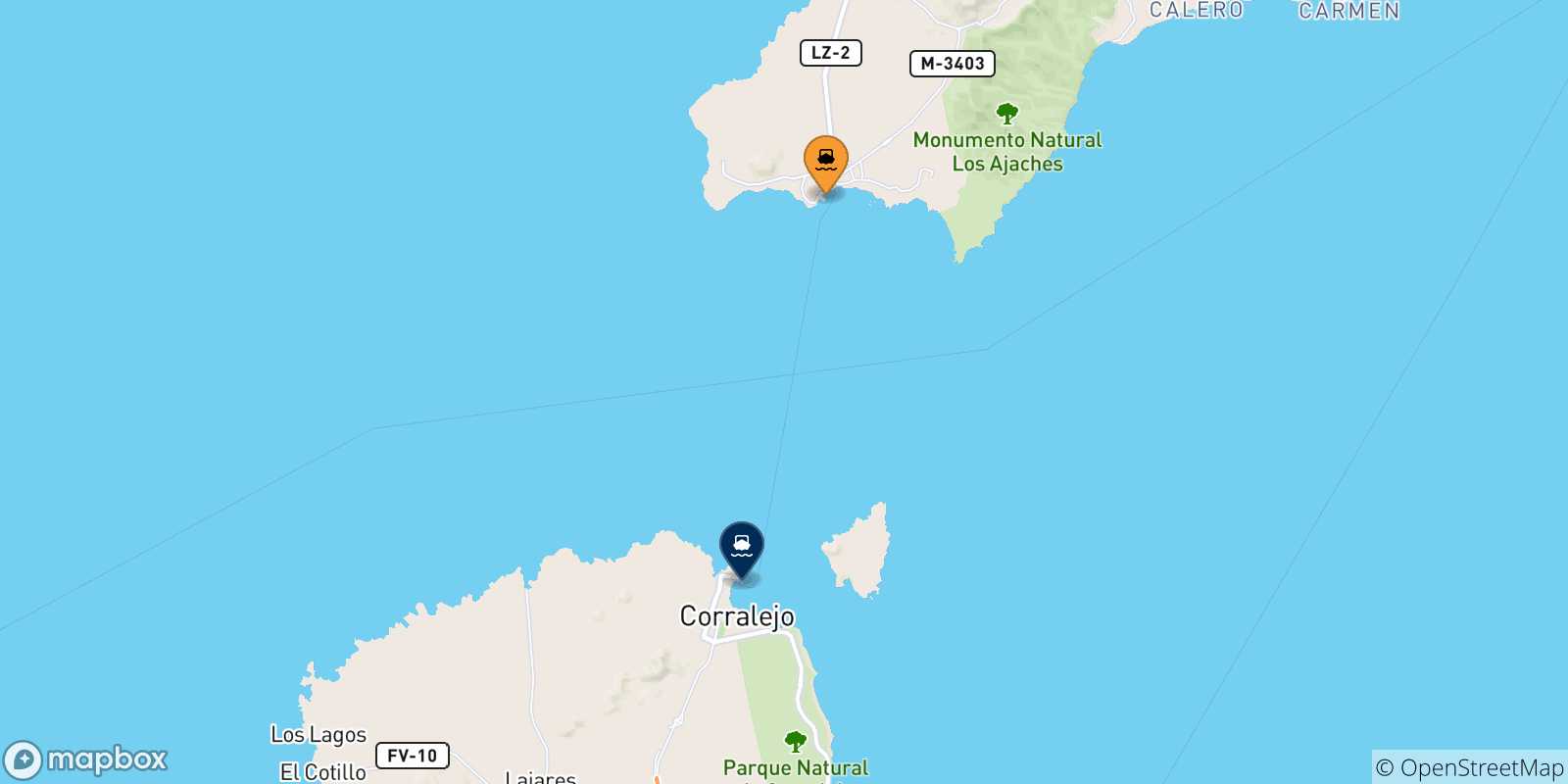 Mapa de las posibles rutas entre Playa Blanca (Lanzarote) y  Islas Canarias