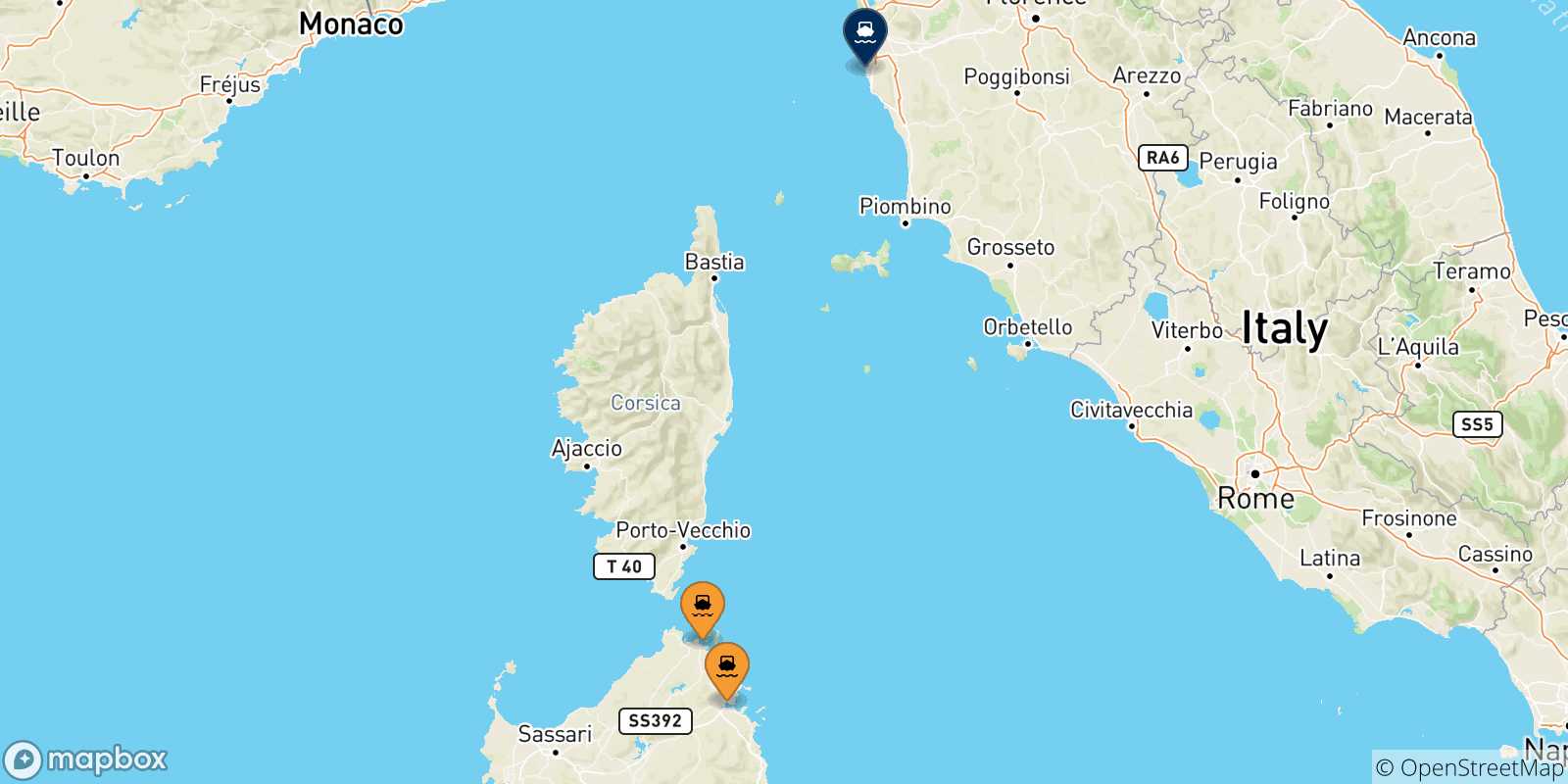 Mapa de las posibles rutas entre Cerdeña y  Livorno