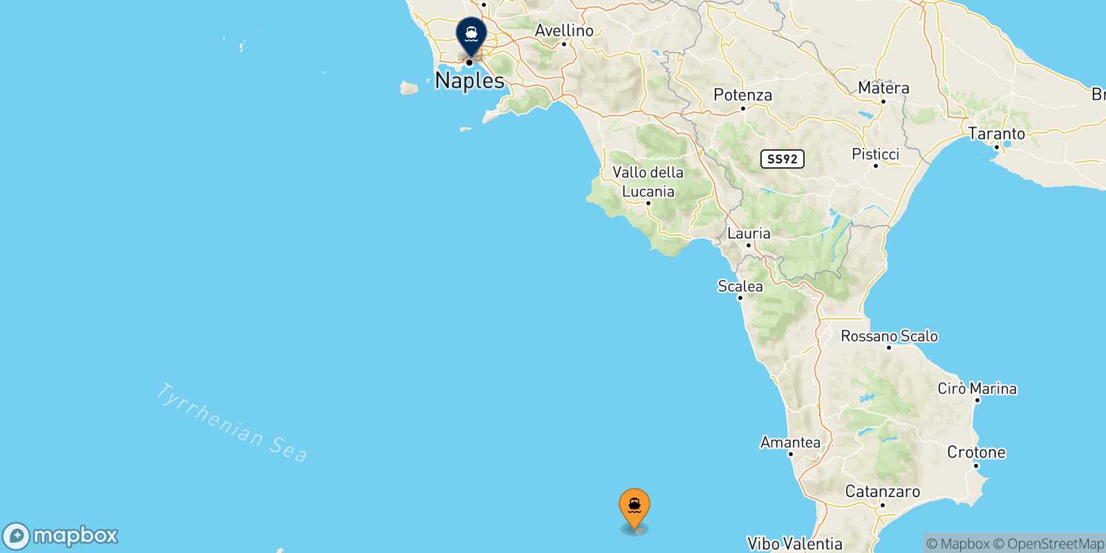 Mapa de la ruta Ginostra (Stromboli) Nápoles