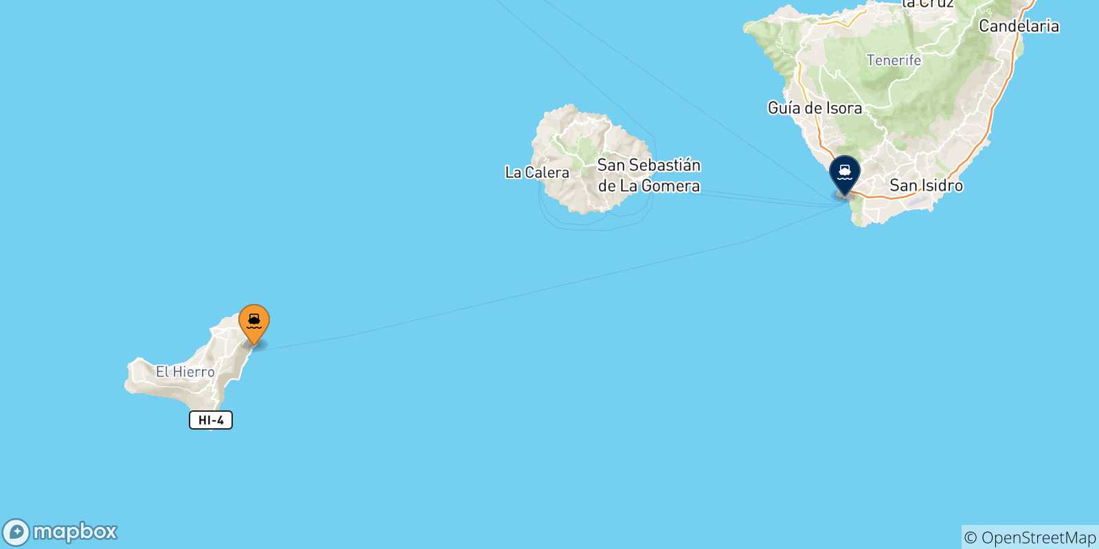 Mapa de las posibles rutas entre España y  Los Cristianos (Tenerife)