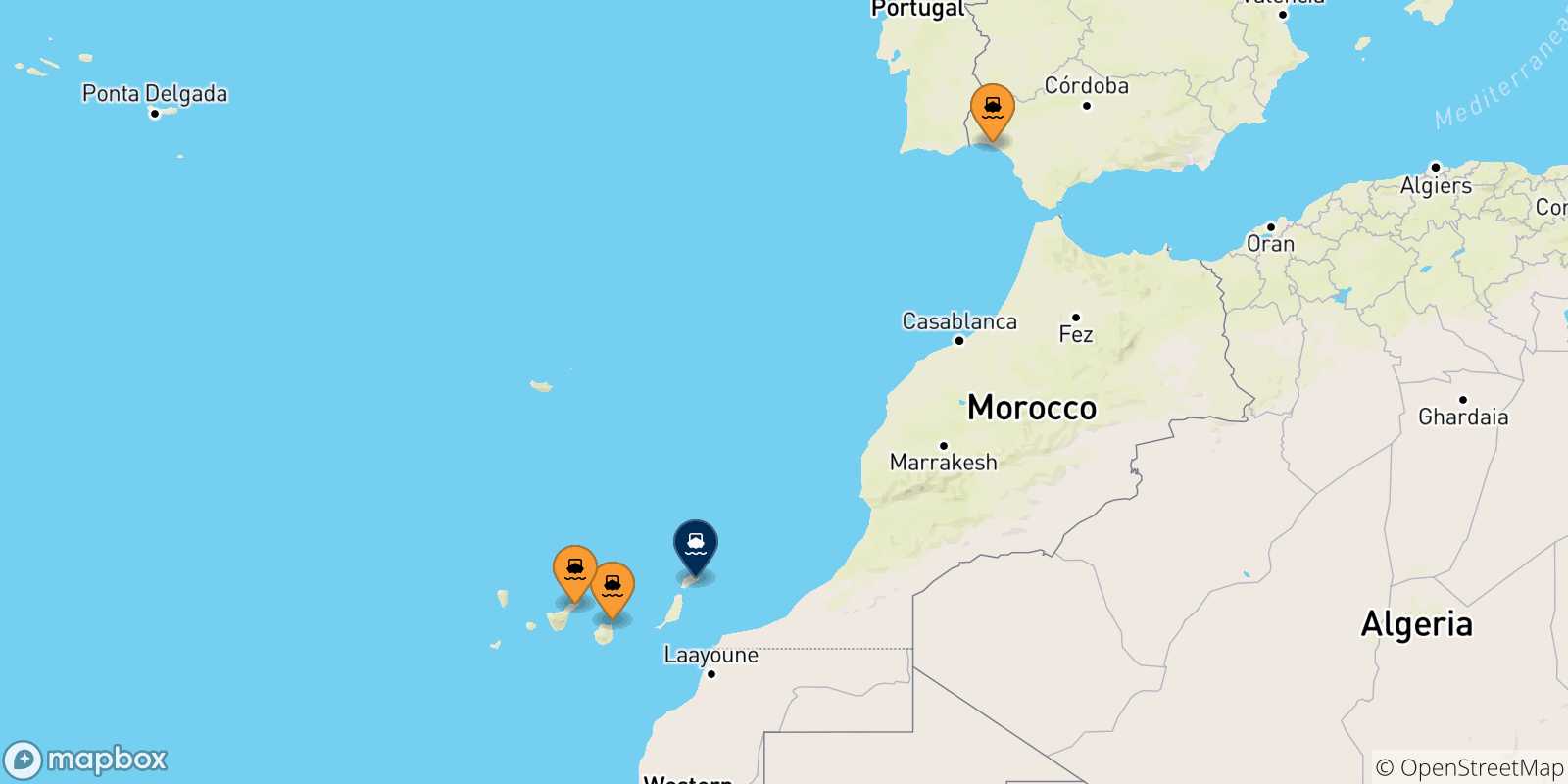Mapa de las posibles rutas entre España y  Arrecife (Lanzarote)