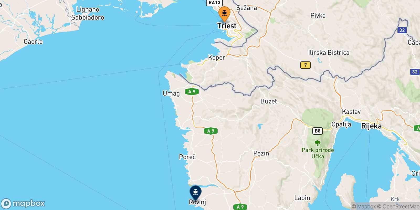 Mapa de la ruta Trieste Rovinj
