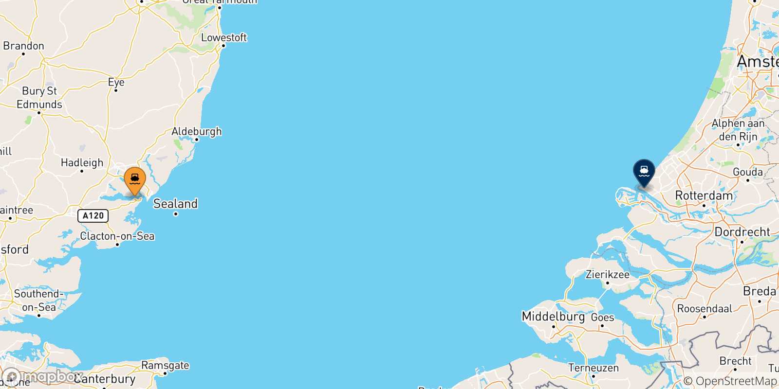 Mapa de las posibles rutas entre Harwich y  Países Bajos