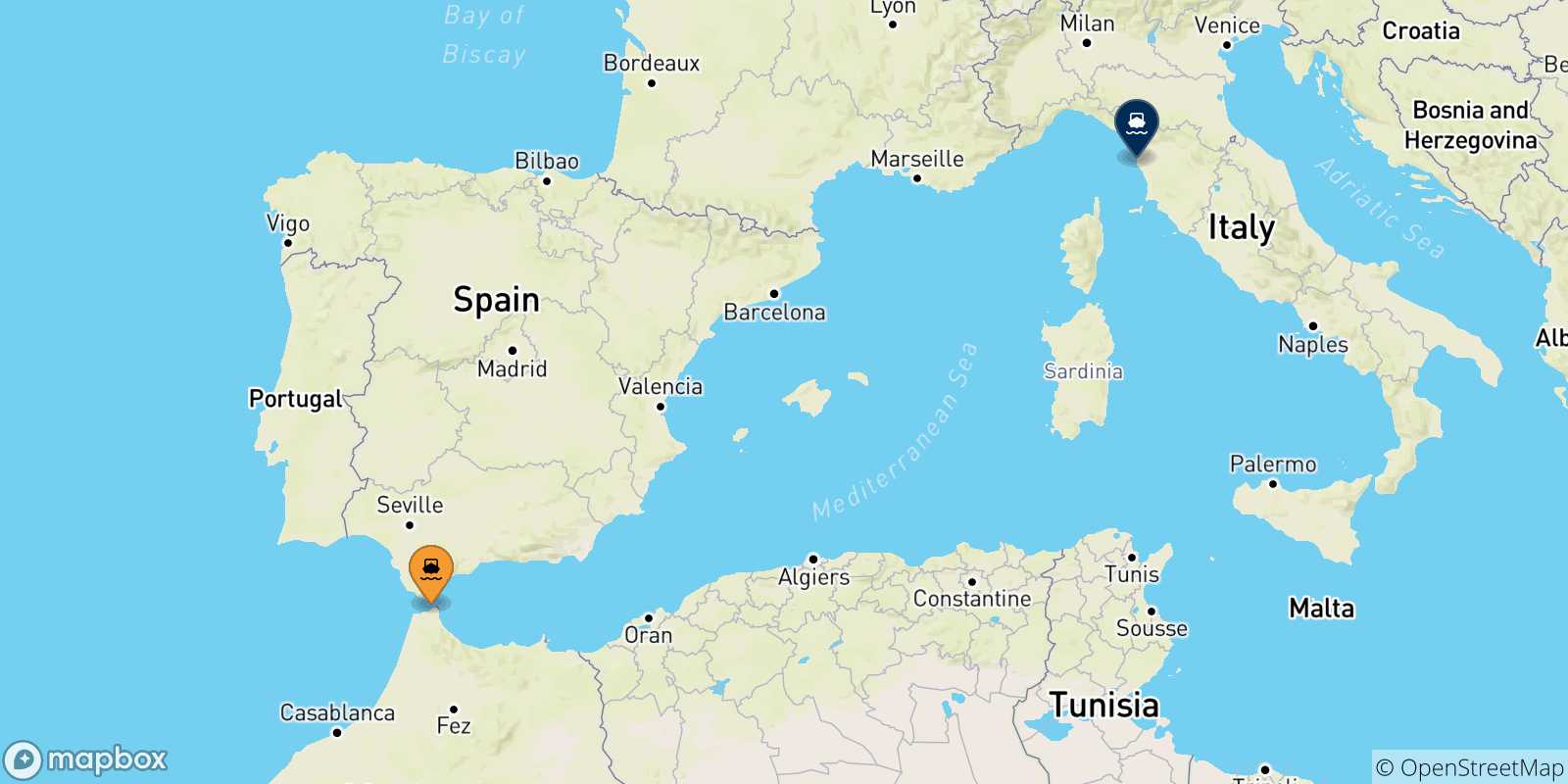 Mapa de las posibles rutas entre Marruecos y  Livorno