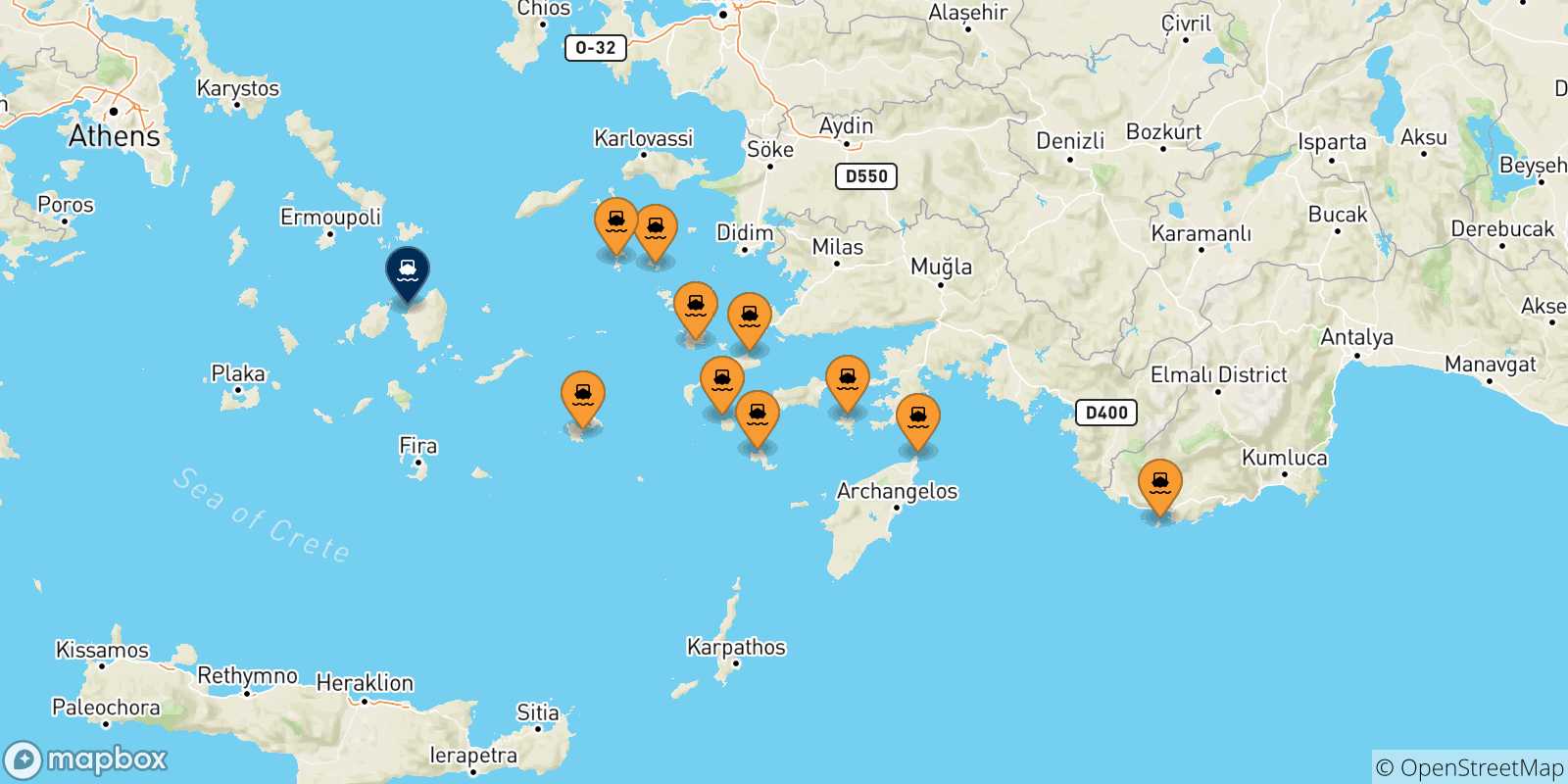 Mapa de las posibles rutas entre Dodecaneso y  Naxos