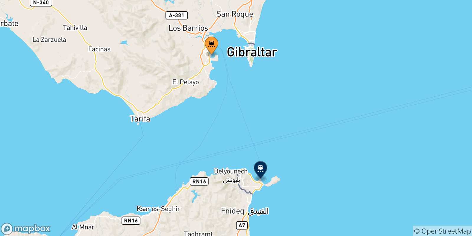 Mapa de las posibles rutas entre Algeciras y  España