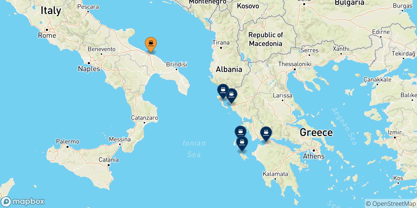 Mapa de las posibles rutas entre Bari y  Grecia