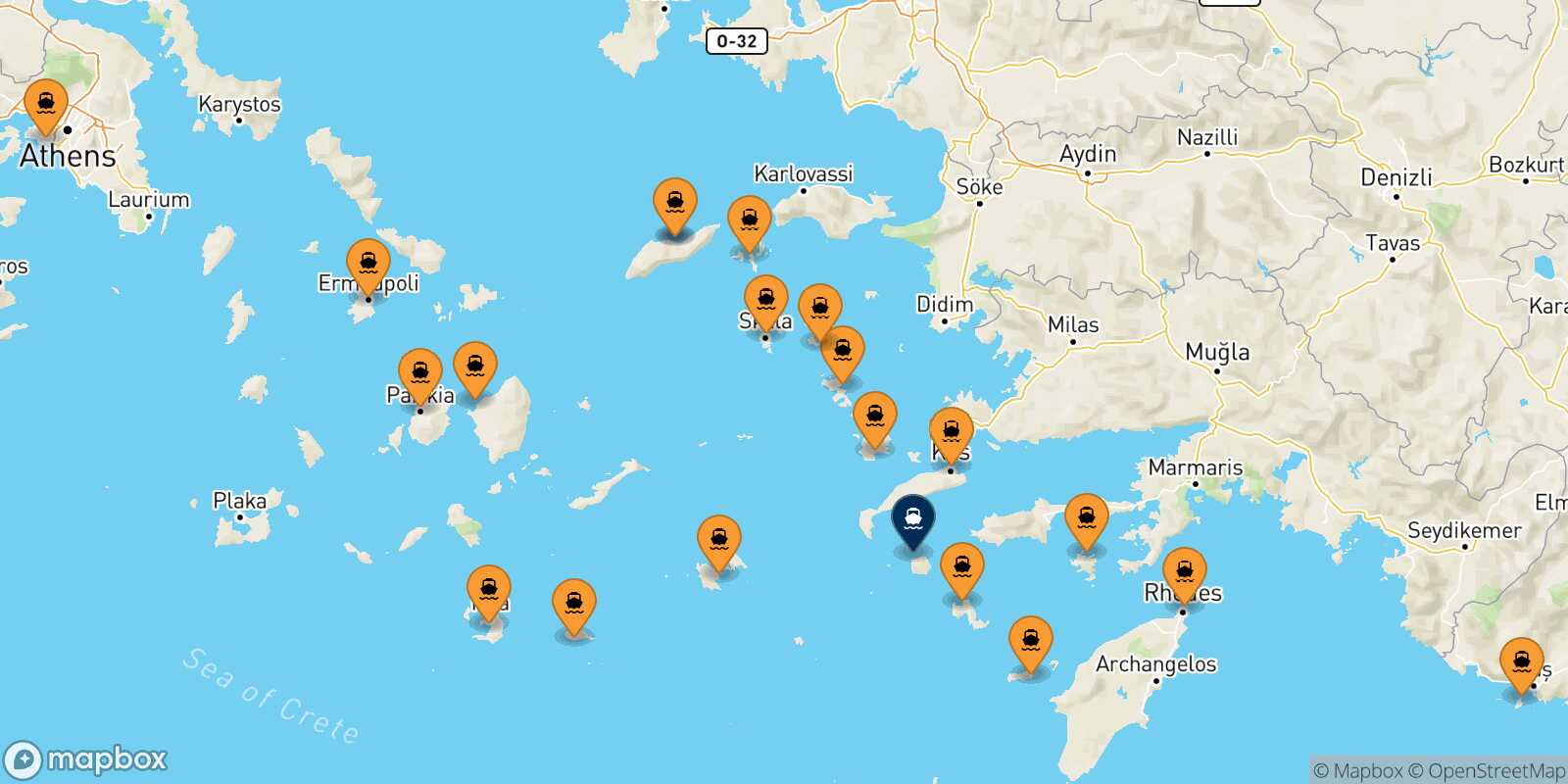 Mapa de los puertos conectados con  Nisyros