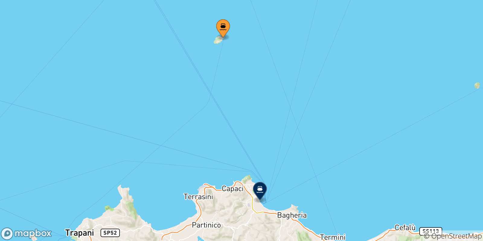 Mapa de las posibles rutas entre La Isla De Ustica y  Italia