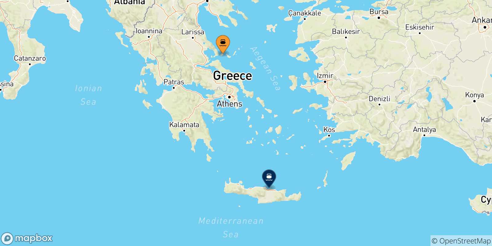 Mapa de las posibles rutas entre Islas Espóradas y  Creta