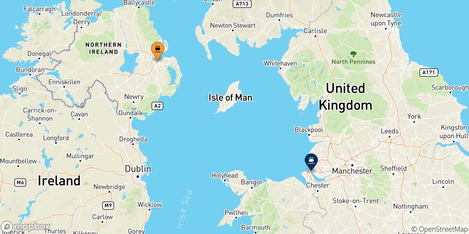 Mapa de las posibles rutas entre Belfast y  Inglaterra