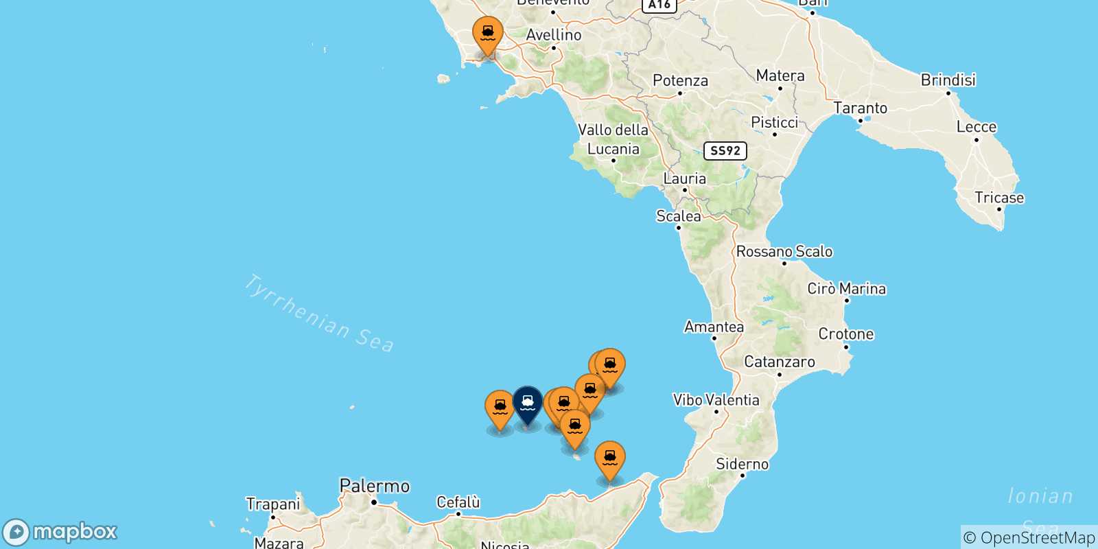 Mapa de las posibles rutas entre Italia y  Filicudi