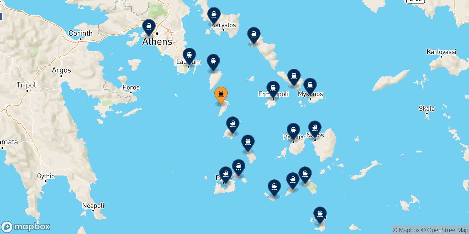 Mapa de los destinos alcanzables de Kythnos