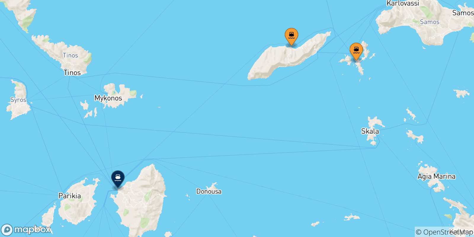 Mapa de las posibles rutas entre Islas Del Egeo y  Naxos
