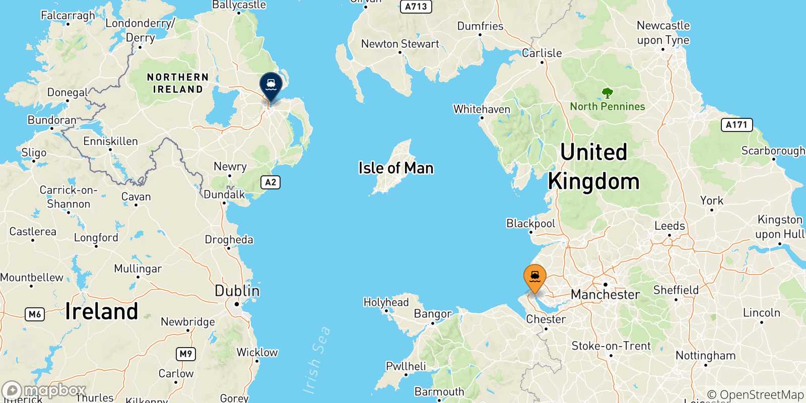Mapa de las posibles rutas entre Inglaterra y  Irlanda Del Norte