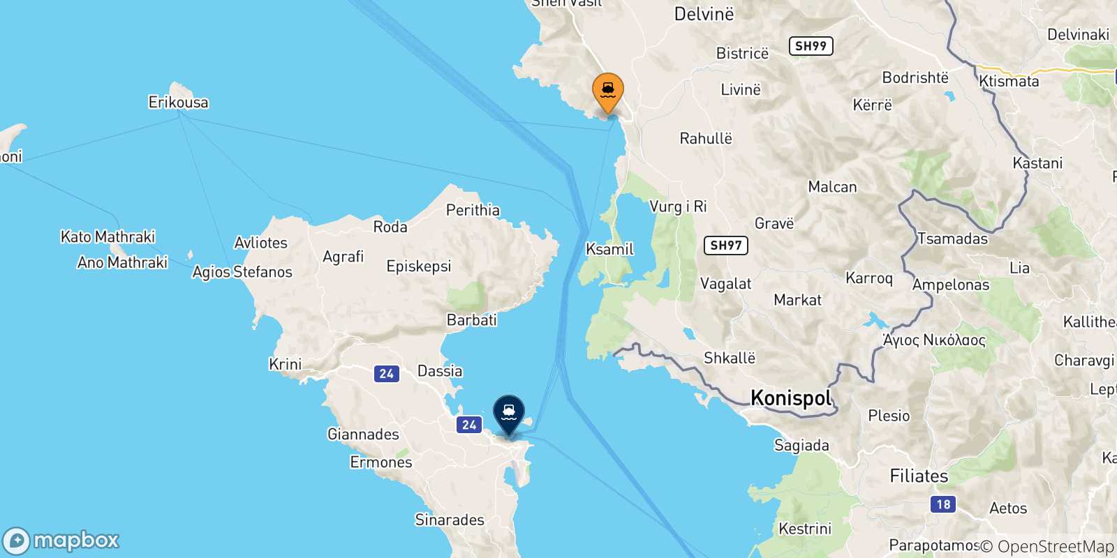 Mapa de las posibles rutas entre Saranda y  Grecia