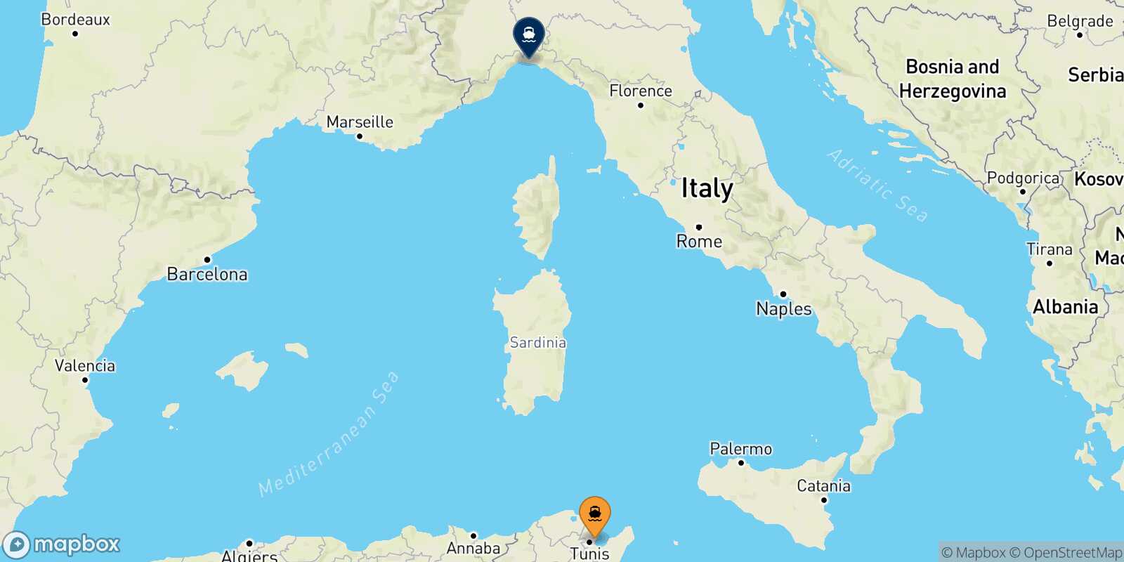 Mapa de la ruta Túnez Genova