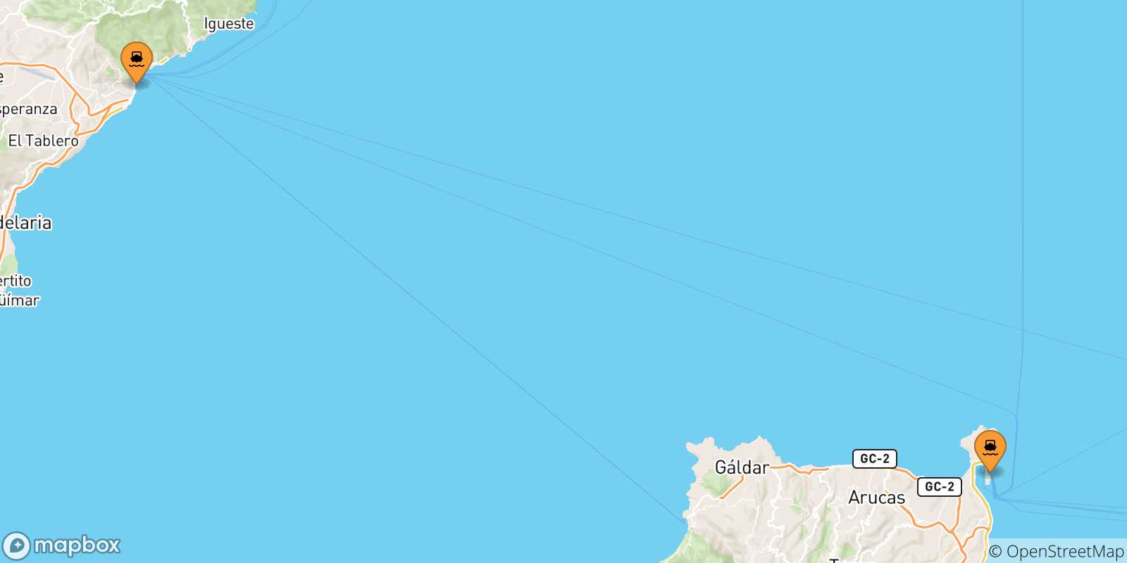 Mapa de las posibles rutas entre Islas Canarias y  Arrecife (Lanzarote)