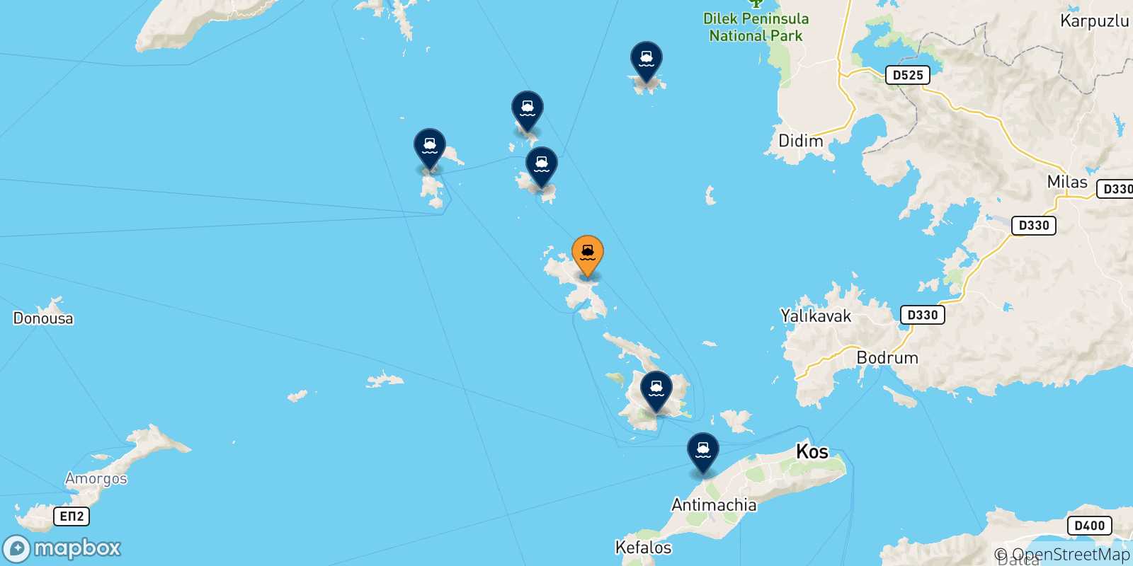 Mapa de las posibles rutas entre Agia Marina (Leros) y  Dodecaneso
