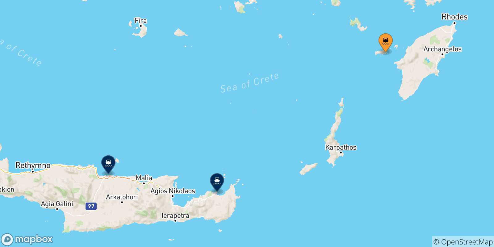 Mapa de las posibles rutas entre Chalki y  Creta
