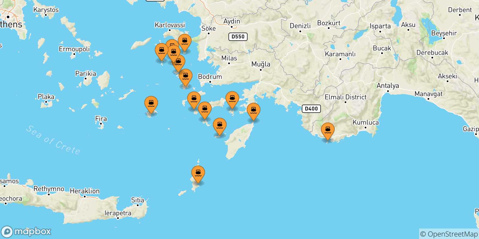 Mapa de las posibles rutas entre Dodecaneso y  Kos
