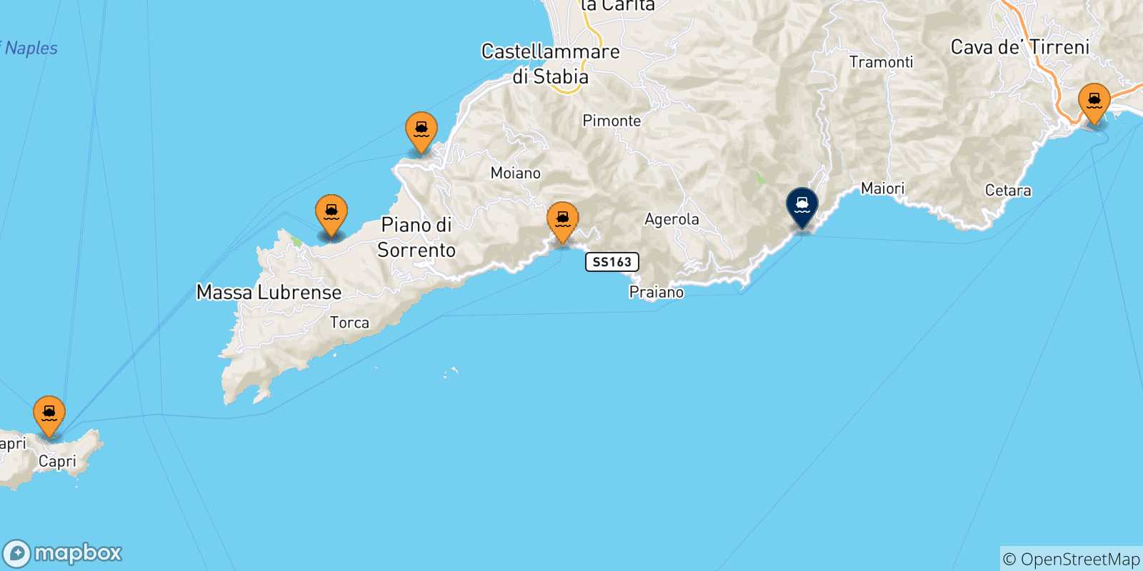 Mapa de las posibles rutas entre Italia y  Amalfi