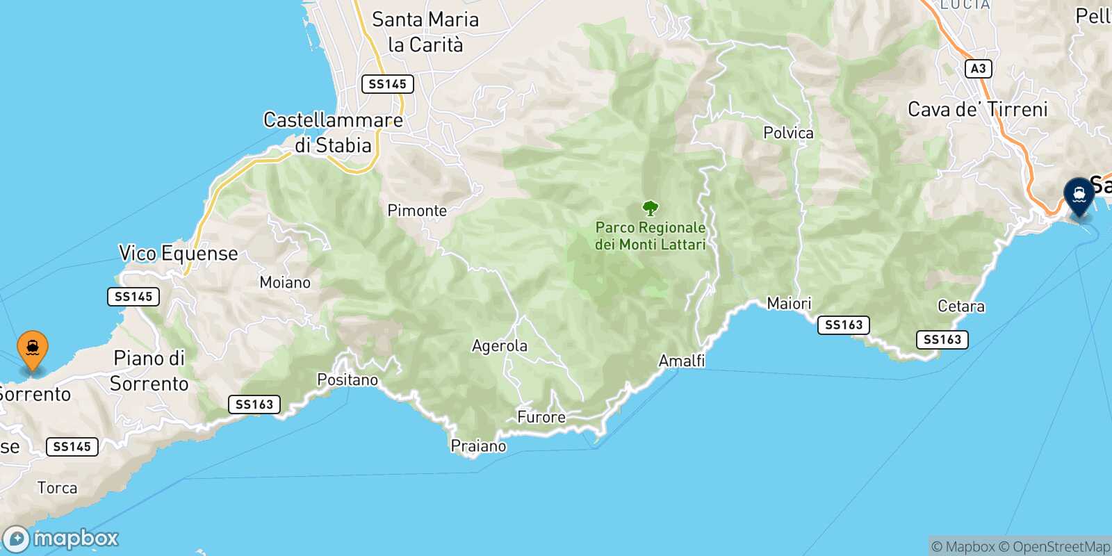 Mapa de la ruta Sorrento Salerno