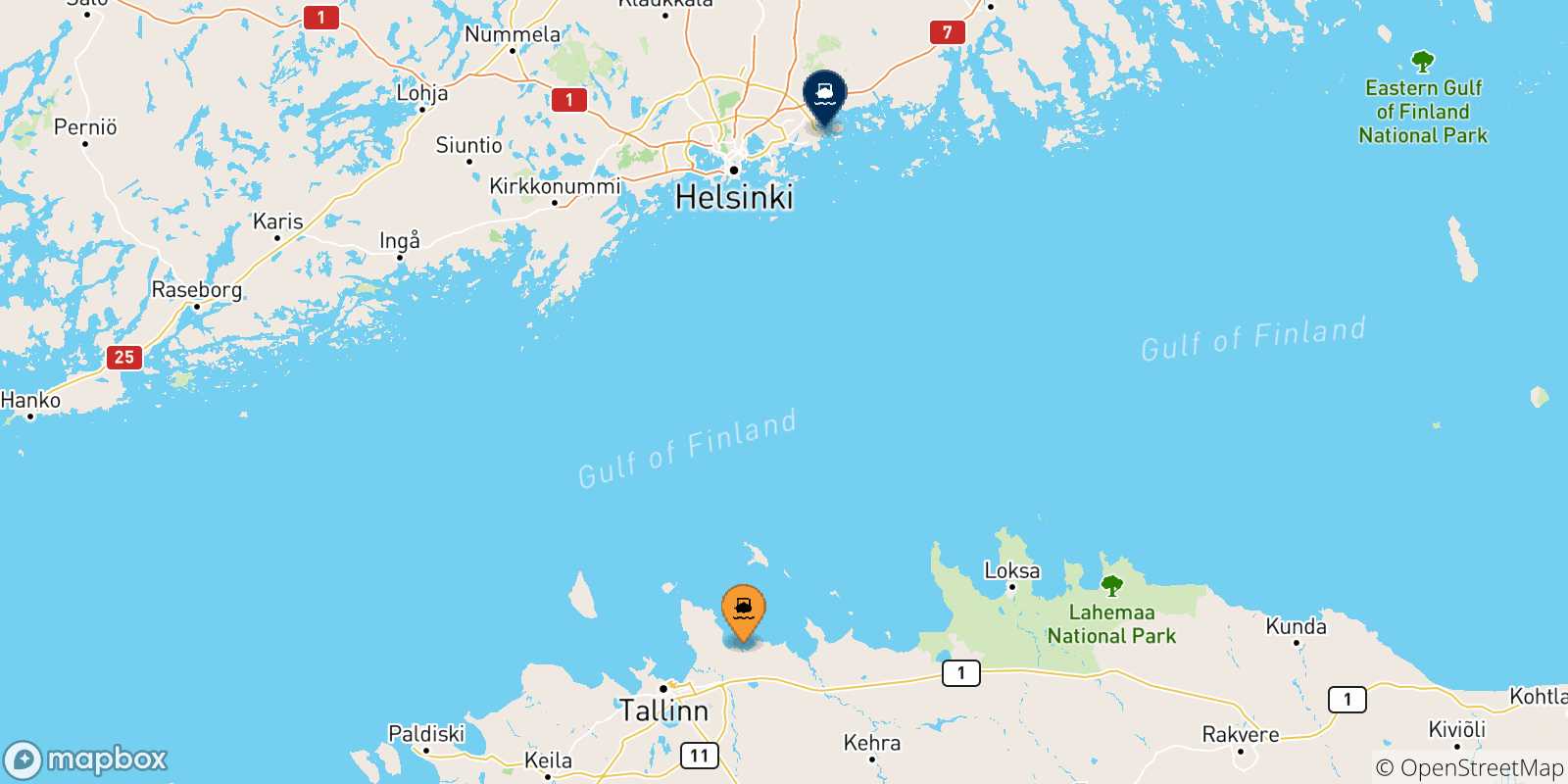 Mapa de las posibles rutas entre Estonia y  Vuosaari