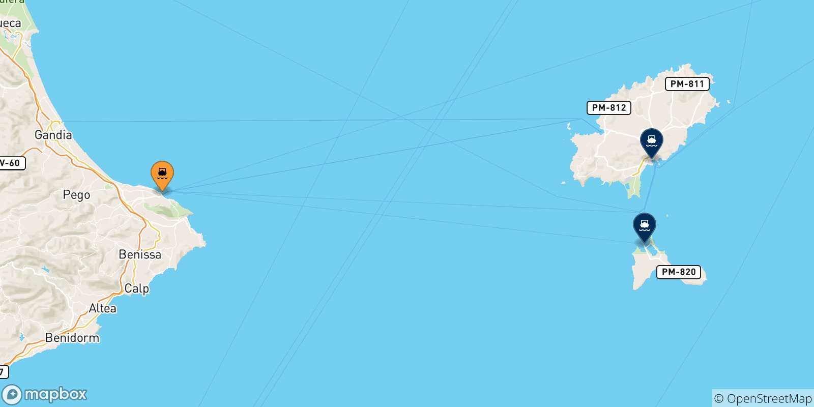 Mapa de las posibles rutas entre Denia y  Islas Baleares
