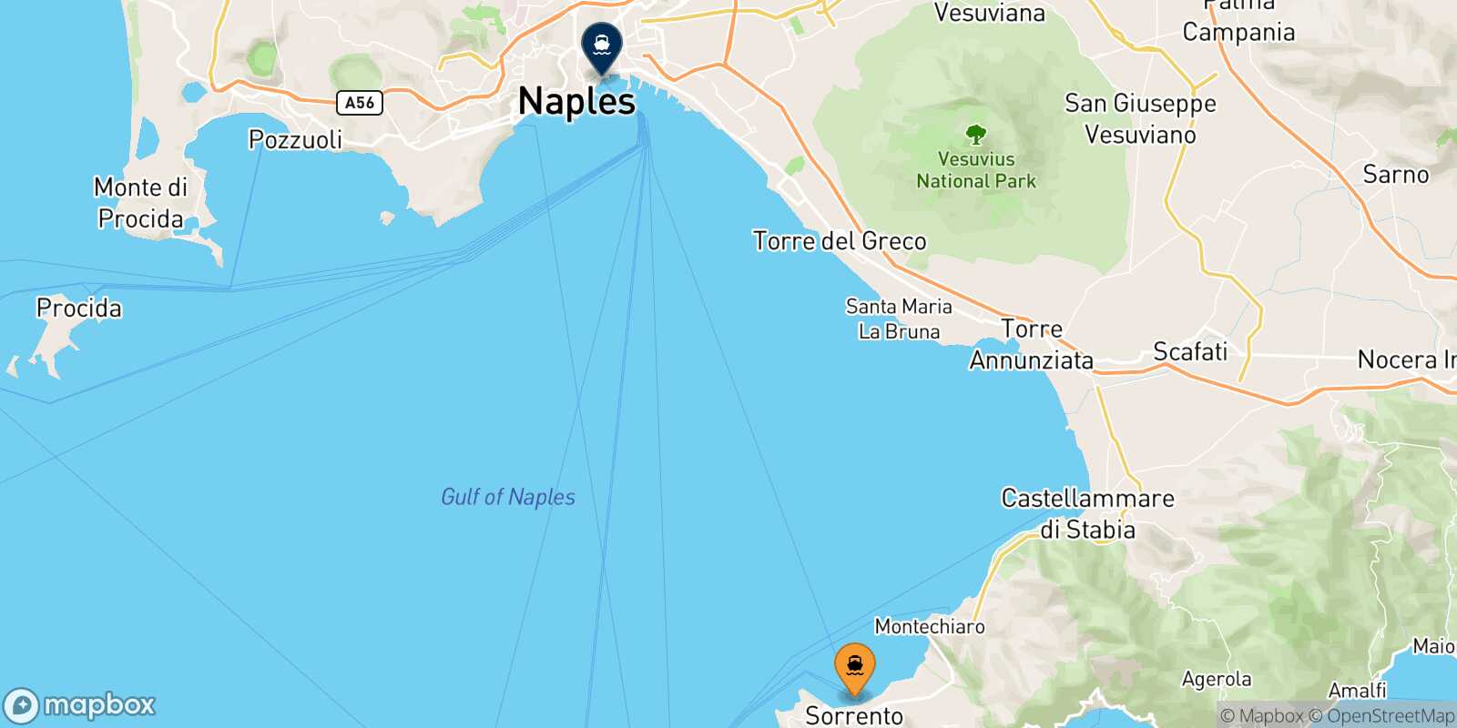 Mapa de la ruta Sorrento Nápoles Beverello