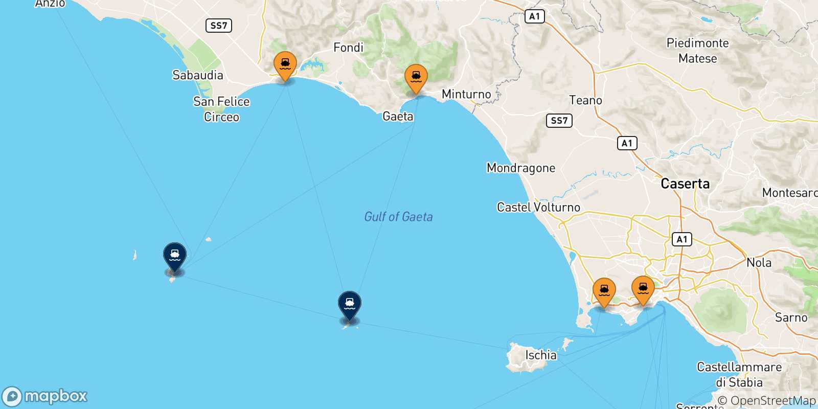 Mapa de las posibles rutas entre Italia y  Islas Pontinas