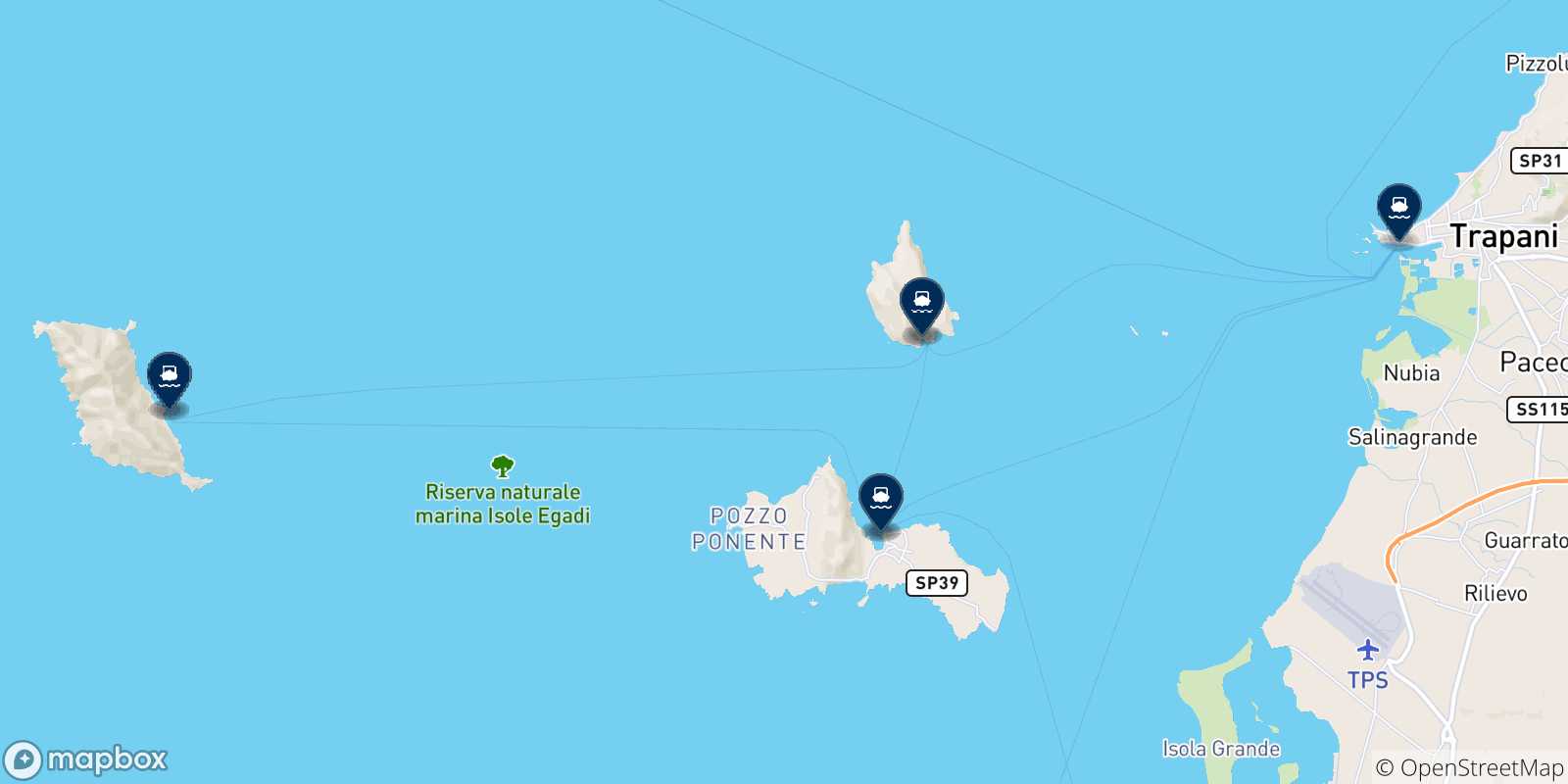 Mapa de los destinos alcanzables de Islas Egadas