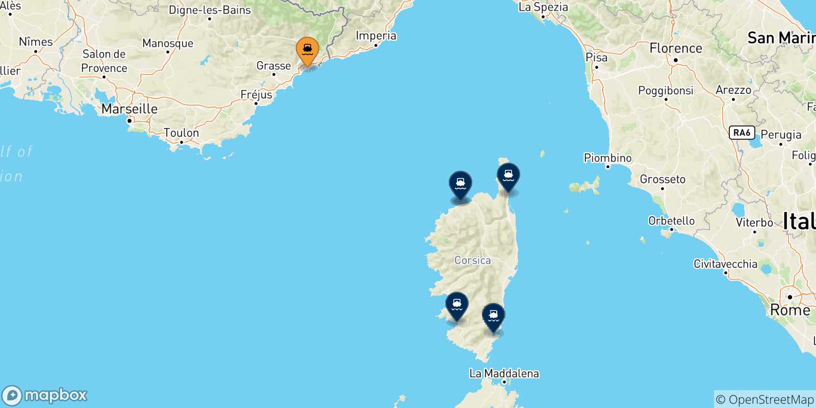 Mapa de las posibles rutas entre Niza y  Córcega