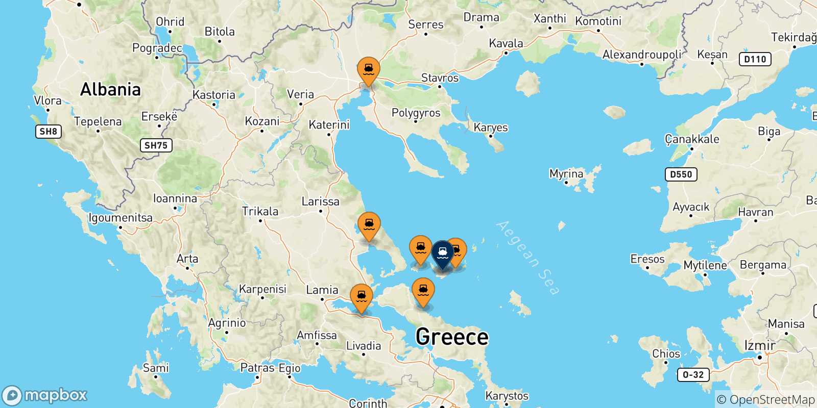 Mapa de las posibles rutas entre Grecia y  Skopelos