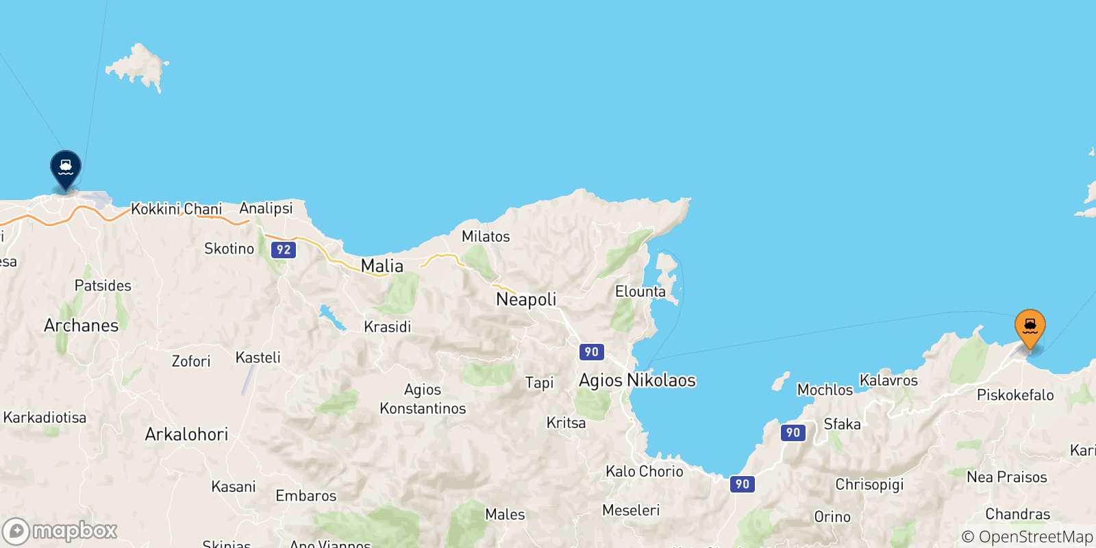 Mapa de las posibles rutas entre Sitia y  Creta