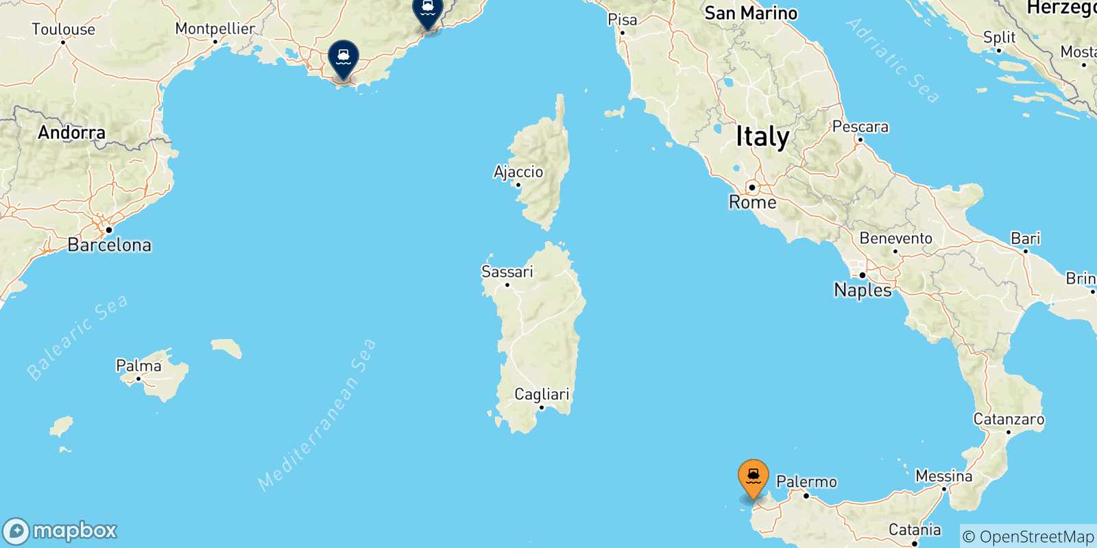 Mapa de las posibles rutas entre Sicilia y  Francia