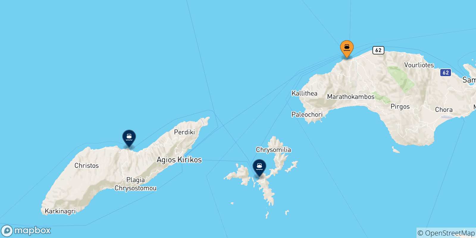 Mapa de las posibles rutas entre Pythagorio (Samos) y  Islas Del Egeo