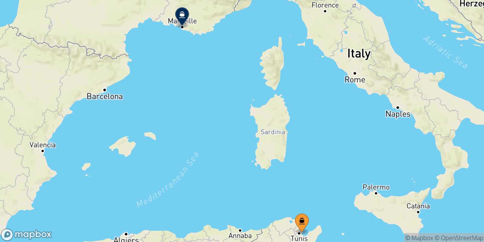 Mapa de la ruta Túnez Marsella