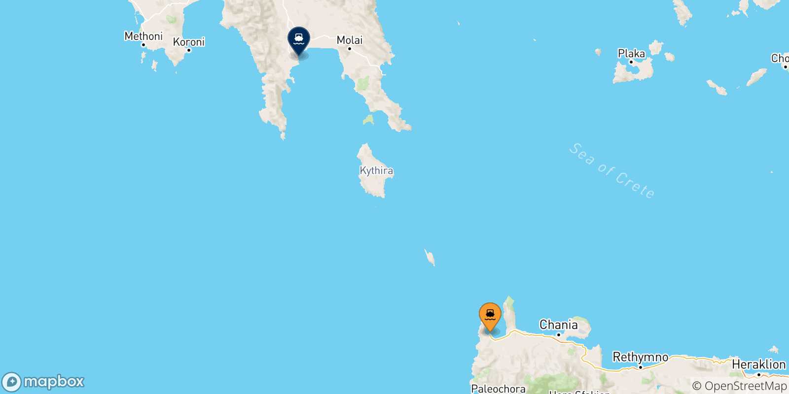 Mapa de las posibles rutas entre Creta y  Gythio