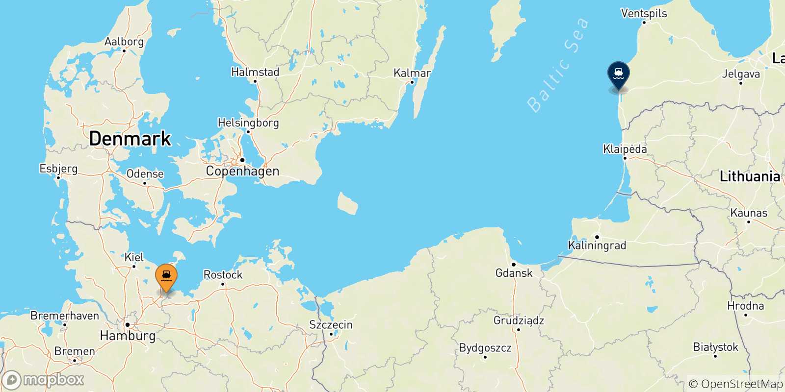 Mapa de las posibles rutas entre Alemania y  Liepaja