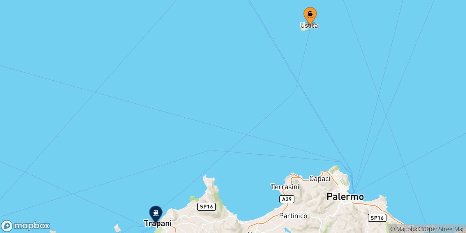 Mapa de los puertos conectados con  Trapani
