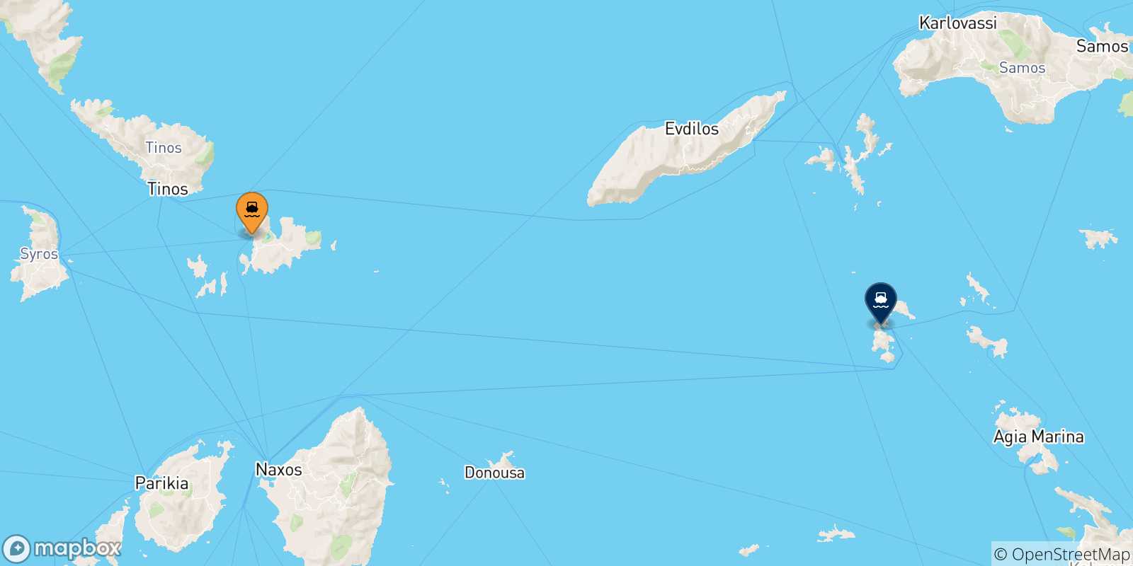Mapa de las posibles rutas entre Mykonos y  Dodecaneso