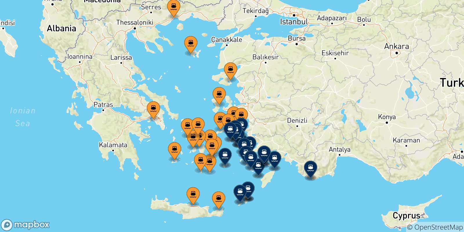 Mapa de las posibles rutas entre Grecia y  Dodecaneso