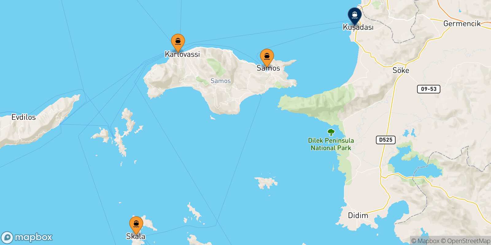 Mapa de los puertos conectados con  Kusadasi