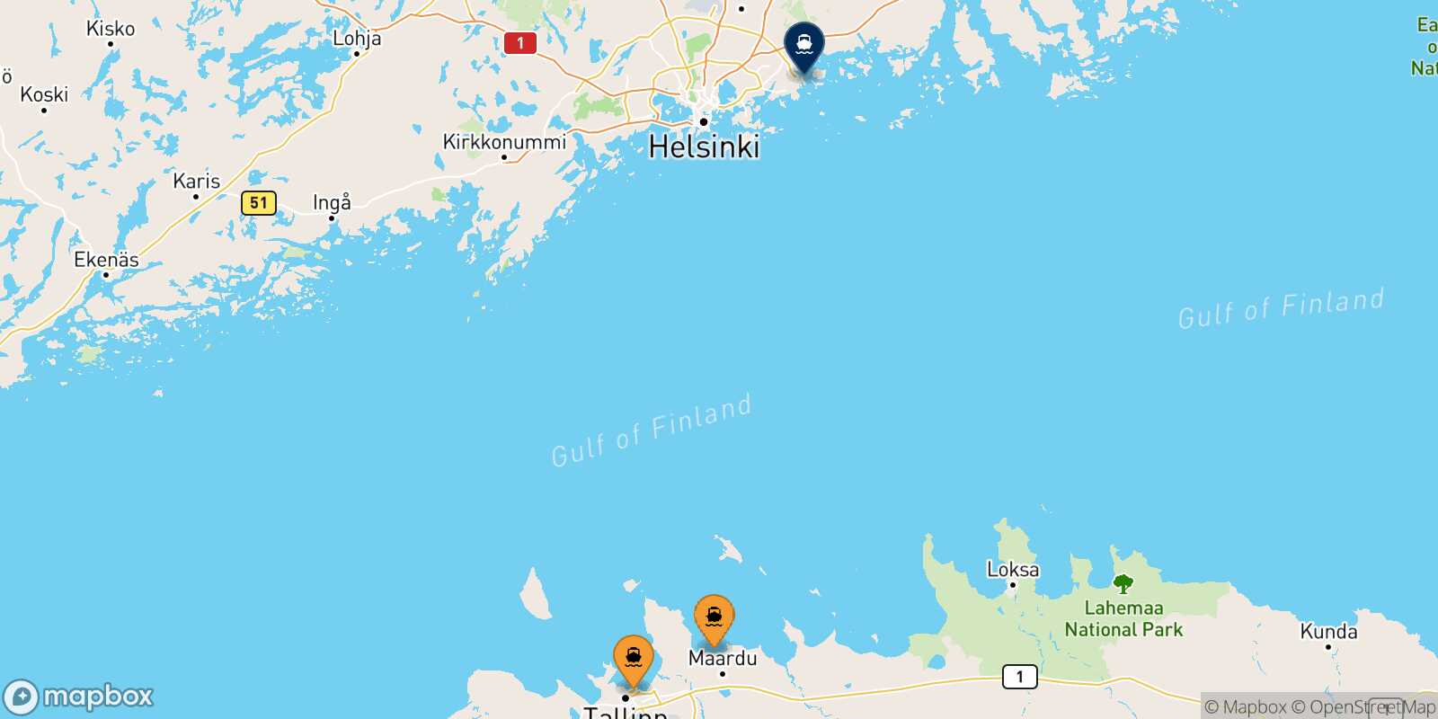 Mapa de los puertos conectados con  Vuosaari