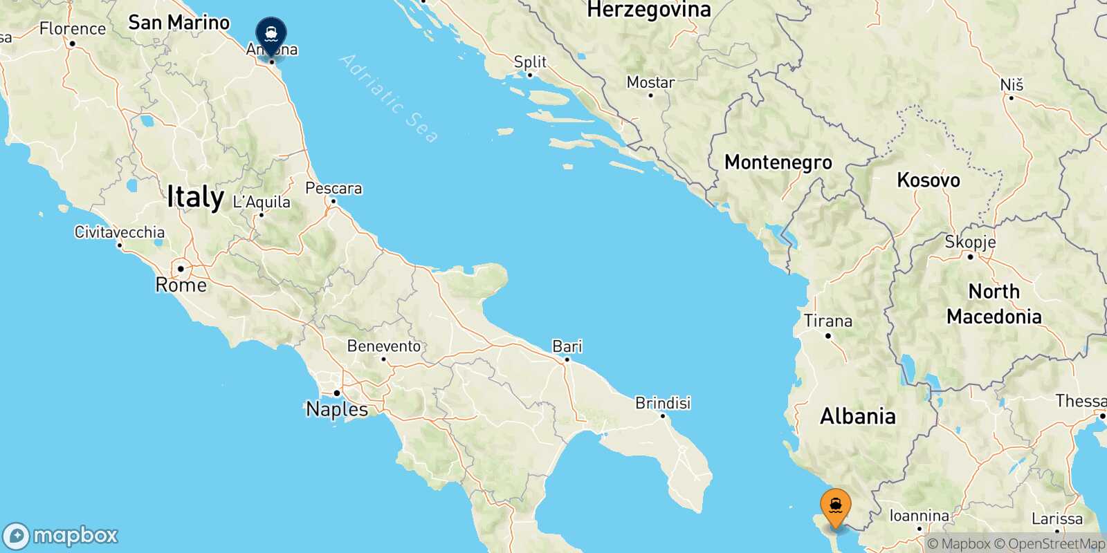 Mapa de la ruta Corfu Ancona
