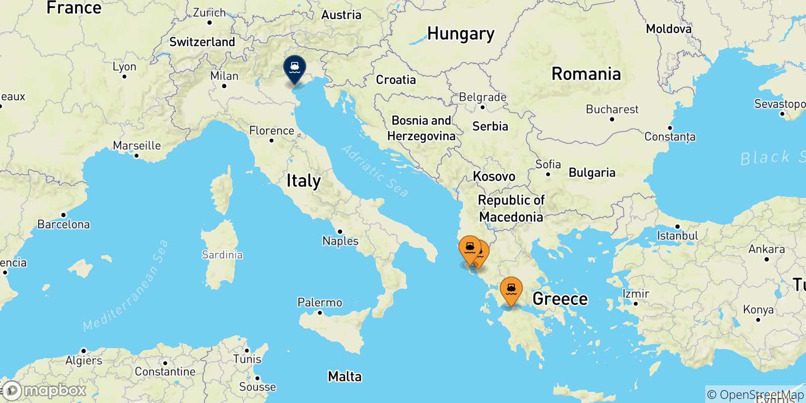 Mapa de las posibles rutas entre Grecia y  Venecia