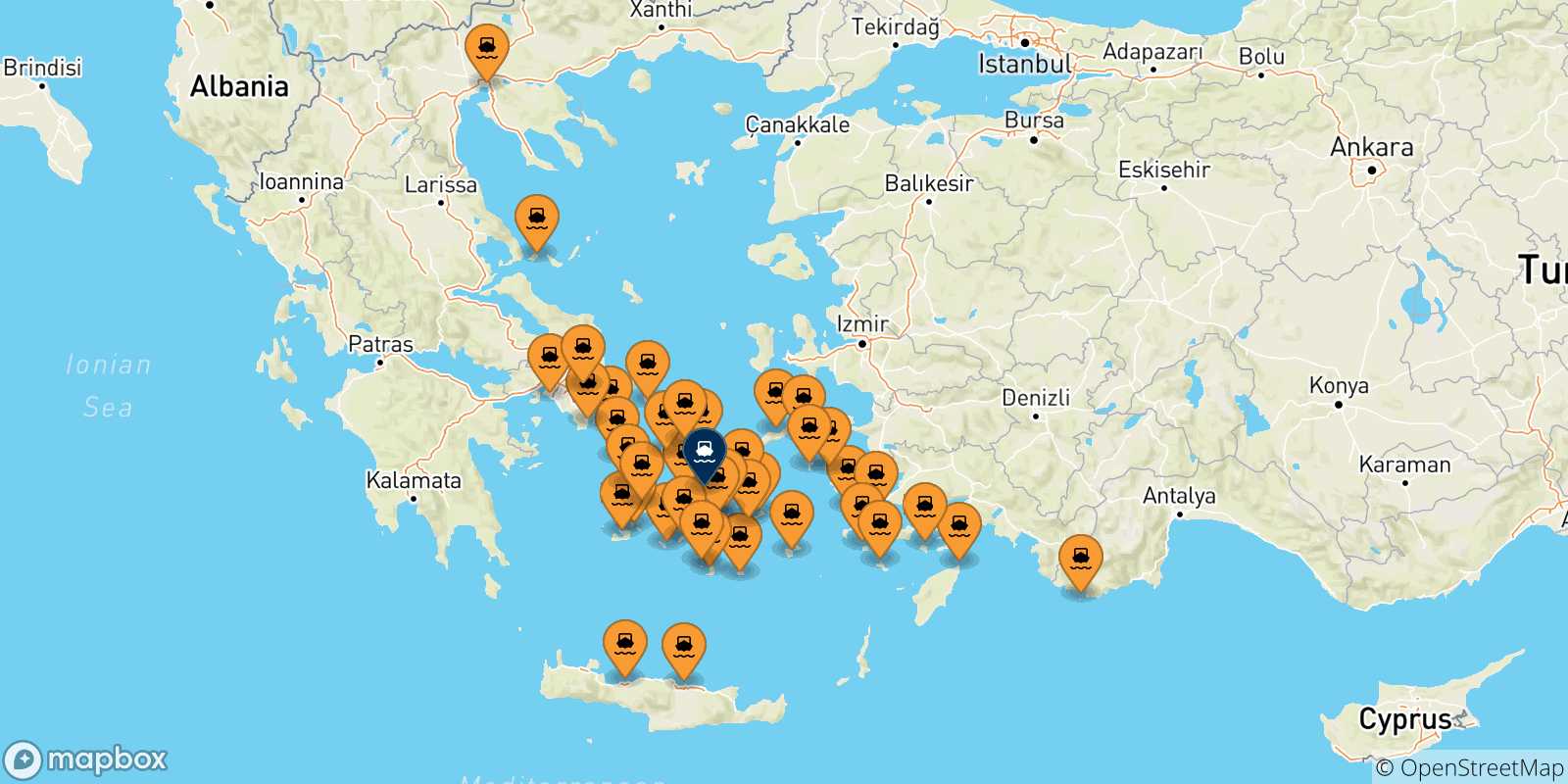 Mapa de las posibles rutas entre Grecia y  Naxos